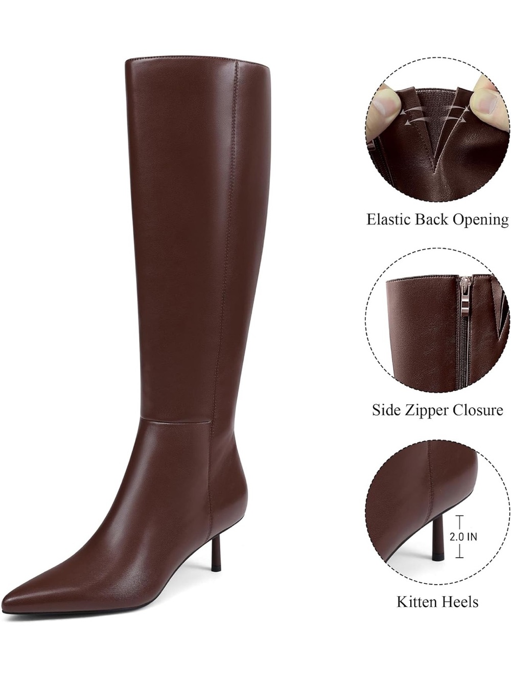 Brown Leather Knee-High Pointed-Toe Boots